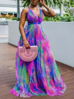 Women‘s Curve Plus Size Curve Party Dress Sundress Tie Dye V Neck Print Sleeveless Spring Summer Formal Prom Dress Maxi Long Dress Party Vacation Dress / Party Dress