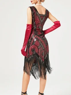 Women‘s Halloween Dress Retro Elegant Vintage Dress Midi Dress Party Sequins Tassel Fringe Geometric V Neck Sleeveless Regular Fit Summer Spring 2023 Black Red XS S M L -HANs Plus Size Style Shop lrtfop1676625834073