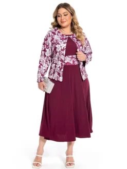 Women‘s Plus Size Curve Dress Set Print Crew Neck Long Sleeve Spring Fall Elegant Maxi Long Dress Formal Party Dress -HANs Plus Size Style Shop lrxtzt1694769839526