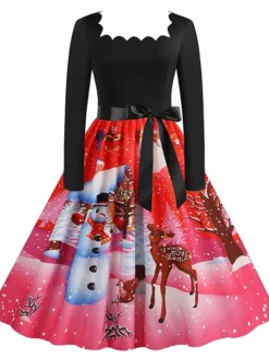 Women's Christmas Casual Dress Vintage Dress Midi Dress Black Blue Wine Long Sleeve Santa Claus Bow Winter Fall Spring Square Neck Vacation Christmas Daily Vacation 2022 S M L XL XXL 3XL -HANs Plus Size Style Shop lsgykm1667637132072
