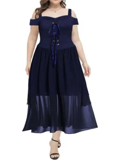 Women's Plus Size Curve Prom Dress Party Dress Vintage Dress Long Dress Maxi Dress Black Blue Purple Long Sleeve Pure Color Drawstring Spring Fall Winter Spaghetti Strap Vintage Halloween