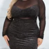 Women‘s Plus Size Curve Party Dress Solid Color Crew Neck Ruched Long Sleeve Fall Spring Casual Sequins Prom Dress Short Mini Dress Casual Vacation DressSequin DressMesh