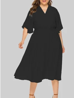 Women‘s Plus Size Curve Party Dress Wedding Guest Dress Swing Dress Midi Dress Black Beige Half Sleeve Pure Color Pleated Summer Spring Fall V Neck Party Birthday Wedding Guest Vacation 2023 -HANs Plus Size Style Shop ltbudp1691399371930