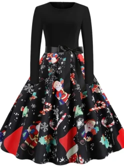 Women's Christmas Knee Length Dress Green White Black Rainbow Red Long Sleeve Print Snowflake Santa Claus Print Fall Winter Crew Neck Casual Vintage Party 2022 S M L XL XXL