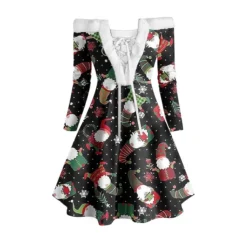 Women's Christmas Swing Dress Vintage Dress Mini Dress Green Light Green Wine Red Navy Blue White Long Sleeve Snowman Tree Snowflake Backless Feather Print Winter Fall Off Shoulder Vacation Stylish -HANs Plus Size Style Shop ltqfpt1666597247480