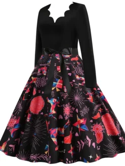 Women's Christmas Casual Dress Swing Dress Vintage Dress Midi Dress Black Wine Orange Long Sleeve Animal Bow Winter Fall Autumn V Neck 2022 S M L XL XXL 3XL -HANs Plus Size Style Shop ltqoei1666853153922