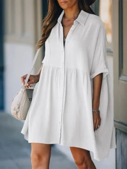 Women's Shirt Dress Casual Dress Mini Dress Outdoor Daily Cotton Basic Casual Shirt Collar Ruched Button Half Sleeve Summer Spring Fall 2023 Loose Fit Black White Pure Color M