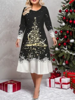 Women's Plus Size Curve Casual Dress Winter Dress Skater Dress Santa Claus Snowman Midi Dress Long Sleeve Print Crew Neck Fashion Outdoor Black White Fall Winter L XL XXL 3XL 4XL -HANs Plus Size Style Shop ltwckh1697775548309