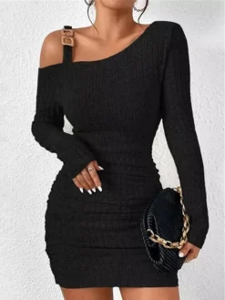 Women's Casual Dress Bodycon Sheath Dress Mini Dress Ruched Cold Shoulder Outdoor Street Daily Active Fashion One Shoulder Long Sleeve 2023 Regular Fit Black Gray Color S M L XL XXL Size -HANs Plus Size Style Shop ltwnbp1692936836221