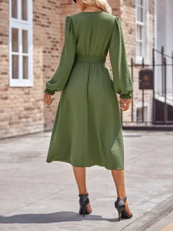 Women's Casual Dress Plain Dress Empire Waist Dresses Midi Dress Pleated Button Street Daily Holiday Fashion Streetwear V Neck Long Sleeve 2023 Loose Fit Black Blue Army Green Color S M L XL Size -HANs Plus Size Style Shop ltyfal1691148139469