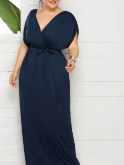 Women's Plus Size Curve Party Dress Sheath Dress Formal Dress Maxi Dress White Wine Royal Blue Short Sleeve Pure Color Lace Up Spring Fall Autumn V Neck Fashion Birthday Wedding Guest Vacation -HANs Plus Size Style Shop luaftv1692178808858