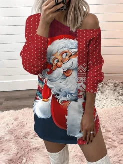 Women‘s Christmas Casual Dress Sweatshirt Dress Mini Dress Warm Fashion Outdoor Holiday Crew Neck Print Santa Claus Snowman Loose Fit Black White Red S M L XL XXL -HANs Plus Size Style Shop lufjyi1694166434842