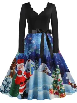 Women's Christmas Swing Dress Vintage Dress Midi Dress Green Blue Purple Long Sleeve Santa Claus Bow Winter Fall Autumn V Neck Fashion Daily Date 2022 S M L XL XXL 3XL -HANs Plus Size Style Shop luketg1667894683781