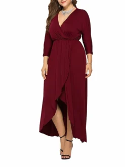 Women's Plus Size Work Dress Black Dress A Line Dress Fashion Long Dress Maxi Dress Ruched V Neck Long Sleeve Plain Loose Fit Black Wine Dark Green Fall XL XXL 3XL 4XL -HANs Plus Size Style Shop lunyuo1693203509840