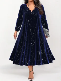 Women's Plus Size Curve Party Dress Velvet Dress Swing Dress Gradient Long Dress Maxi Dress Long Sleeve Print V Neck Fashion Party Wine Green Fall Winter L XL XXL 3XL 4XL -HANs Plus Size Style Shop luzhqc1697002263906