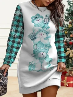 Women‘s Christmas Casual Dress Sweatshirt Dress Mini Dress Warm Fashion Outdoor Holiday Crew Neck Print Animal Santa Claus Tree Loose Fit Black Burgundy Green S M L XL XXL -HANs Plus Size Style Shop lvaioq1695885295906