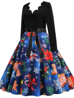Women's Christmas Swing Dress Vintage DressKnee Length Dress Blue Red Navy Blue Black Long Sleeve Plaid Santa Claus Elk Bow Print Fall Winter V Neck Vacation Vintage 2022 S M L XL XXL 3XL -HANs Plus Size Style Shop lvfido1665293394134