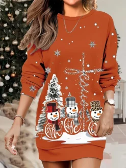 Women's Christmas Casual Dress Sweatshirt Dress Mini Dress Warm Fashion OutdoorVacation Crew Neck Print SnowmanTree Loose Fit Black Yellow Burgundy S M L XL XXL -HANs Plus Size Style Shop lvkvxc1695641907170
