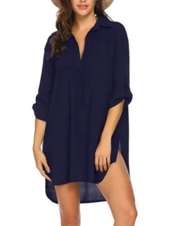 Women's Cover Up Beach Dress Beach Wear Mini Dress Button Pocket Fashion Casual Plain Turndown 3/4 Length Sleeve Loose Fit Outdoor Vacation Black White 2023 Summer Spring S M L XL -HANs Plus Size Style Shop lvlpde1677499345486