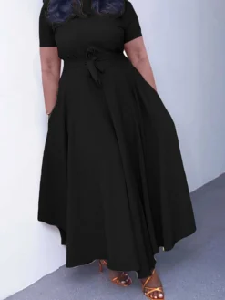 Women‘s Plus Size Curve Casual Dress A Line Dress Solid Color Long Dress Maxi Dress Short Sleeve Lace Up Pocket Crew Neck Fashion Outdoor Black Yellow Summer Spring L XL XXL 3XL -HANs Plus Size Style Shop lvsjlb1684482421732