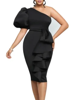 Women‘s Plus Size Curve Party Dress Solid Color One Shoulder Ruffle Short Sleeve Spring Fall Prom Dress Midi Dress Casual Daily Dress -HANs Plus Size Style Shop lvyhjh1656067345108