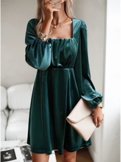 Women's Casual Dress Velvet Dress Plain Dress Mini Dress Ruched Pleated Party Holiday Date Vintage Elegant Square Neck Long Sleeve 2023 Slim Black Pink Wine Color S M L XL Size -HANs Plus Size Style Shop lwdhoe1692340906408