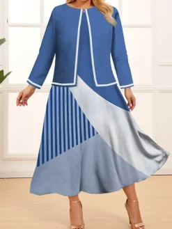 Women's Plus Size Curve Two Piece Dress Set Casual Dress Swing Dress Outdoor Office Fashion Streetwear Print Midi Dress Crew Neck Long Sleeve Geometric Color Block Wine Blue Khaki Spring Fall L -HANs Plus Size Style Shop lwhcde1691723056883