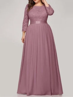 Women's Plus Size Curve Prom Dress Party Dress Lace Dress Long Dress Maxi Dress White Pink Wine 3/4 Length Sleeve Pure Color Lace Spring Fall Winter Crew Neck Fashion Birthday Evening Party -HANs Plus Size Style Shop lwjqmh1692156792428