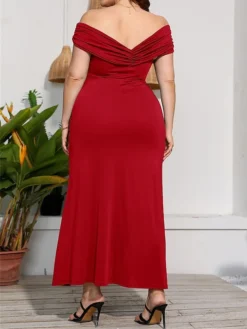 Women‘s Plus Size Curve Party Dress Sheath Dress Formal Dress Solid Color Long Dress Maxi Dress Short Sleeve Twist Split Off Shoulder Fashion Party Black Red Summer Spring L XL XXL 3XL 4XL -HANs Plus Size Style Shop lwkbhu1677828168294