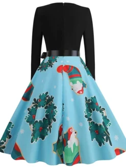 Women's Christmas Casual Dress Swing Dress Vintage Dress Midi Dress Green Blue Light Red Long Sleeve Santa Claus Bow Winter Fall Autumn V Neck Slim 2022 S M L XL XXL 3XL -HANs Plus Size Style Shop lwkpdu1666776948680