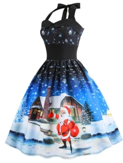 Women's Christmas Swing Dress Vintage Dress Midi Dress Blue Purple Fuchsia Red Sleeveless Santa Claus Backless Print Winter Fall Halter Neck Vacation Stylish Elegant 2022 S M L XL XXL -HANs Plus Size Style Shop lxhwdz1666168099119
