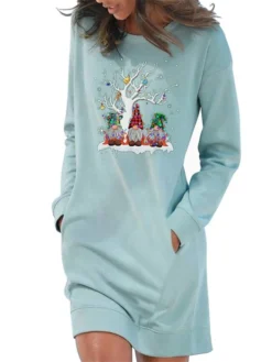 Women‘s Christmas Hoodie Dress Winter Dress Light Blue Grey White Long Sleeve Santa Claus Pocket Print Winter Fall Crew Neck Stylish Casual 2022 S M L XL 2XL / Cotton -HANs Plus Size Style Shop lxlydn1666676387610