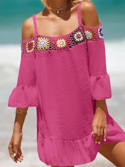 Women's Cover Up Beach Dress Beach Wear Mini Dress Ruffle Backless Ethnic Casual Floral Spaghetti Strap 3/4 Length Sleeve Loose Fit Outdoor Daily Black White 2023 Spring Summer One Size -HANs Plus Size Style Shop lxlzba1672903085585