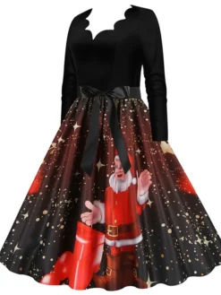 Women's Christmas Party Dress Swing DressKnee Length Dress Green Purple Wine Red Black Long Sleeve Santa Claus Elk Snowman Print Fall Winter V Neck Vintage Party Elegant Party 2022 S M L XL XXL 3XL -HANs Plus Size Style Shop lxtoqf1665475509018