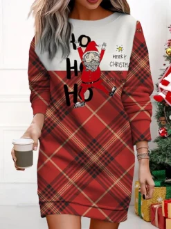 Women's Christmas Casual Dress Sweatshirt Dress Mini Dress Warm Fashion Outdoor Vacation Crew Neck Print Santa Claus Loose Fit ArmyGreen Light Green Wine S M L XL XXL -HANs Plus Size Style Shop lyaxwp1695377420857
