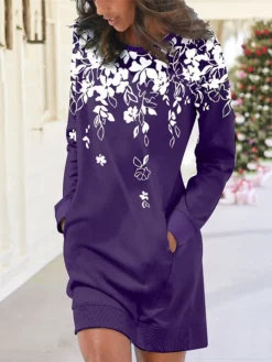 Women's Casual Dress Sweatshirt Dress Winter Dress Leaf Floral Pocket Print Crew Neck Mini Dress Fashion Streetwear Outdoor Daily Long Sleeve Loose Fit Navy Blue Purple Green Fall Winter S M L XL XXL -HANs Plus Size Style Shop lydwvo1695294653627