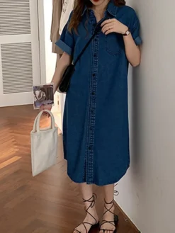 Women's Shift Dress Denim Shirt Dress Midi Dress Denim Fashion Casual Outdoor Daily Vacation Shirt Collar Button Pocket Short Sleeve Summer Spring Fall 2023 Loose Fit Blue Plain S M L XL -HANs Plus Size Style Shop lyxwee1677036641414