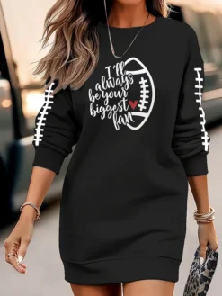 Women's Casual Dress Sweatshirt Dress Winter Dress Letter Football Print Crew Neck Mini Dress Fashion Streetwear Outdoor Daily Long Sleeve Loose Fit Black Fall Winter S M L XL XXL