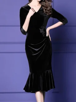Women's Plus Size Curve Party Dress Velvet Dress Winter Dress Solid Color Midi Dress Long Sleeve Ruched V Neck Fashion Party Black Wine Fall Winter L XL XXL 3XL 4XL -HANs Plus Size Style Shop magjog1694576151471