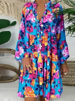 Women‘s Plus Size Curve Casual Dress Floral V Neck Print Long Sleeve Fall Spring Casual Short Mini Dress Daily Vacation Dress -HANs Plus Size Style Shop mahzcu1660643939634
