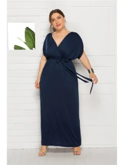 Women's Plus Size Party Dress Solid Color V Neck Short Sleeve Summer Spring Elegant Casual Prom Dress Maxi Long Dress Party Daily Dress -HANs Plus Size Style Shop mbbhcr1597046650741