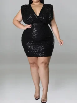 Women‘s Plus Size Curve Party Dress Solid Color V Neck Sequins Short Sleeve Spring Summer Sequins Prom Dress Short Mini Dress Party Back To School Dress Sequin Dress Homecoming Dress -HANs Plus Size Style Shop mbdzxc1652866155816