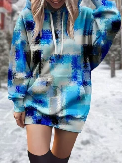 Women's Casual Dress Hoodie Dress Winter Dress Plaid Print Hooded Mini Dress Fashion Streetwear Outdoor Daily Long Sleeve Loose Fit Red Blue Green Fall Winter S M L XL XXL