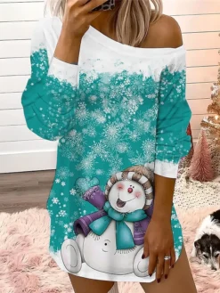 Women's Casual Dress Christmas Dress Sweatshirt Dress Snowman Snowflake Cold Shoulder Print One Shoulder Mini Dress Fashion Streetwear Outdoor Christmas Long Sleeve Loose Fit Black Red Blue Fall -HANs Plus Size Style Shop mbkfsk1695111670801