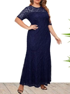 Women's Plus Size Curve Party Dress Lace Dress Sheath Dress Solid Color Long Dress Maxi Dress Half Sleeve Ruched Patchwork Crew Neck Fashion Wedding Wine Deep Blue Spring Fall XL XXL 3XL 4XL 5XL -HANs Plus Size Style Shop mbkhoi1693533333583