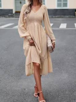 Women's Casual Dress Black Dress Plain Dress Midi Dress Ruched Street Daily Holiday Fashion Streetwear V Neck Long Sleeve 2023 Slim Black Blue Dark Blue Color S M L XL Size -HANs Plus Size Style Shop mbnstr1692685998484