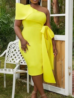 Women's Plus Size Curve Party Dress Cocktail Dress Bodycon Plain Midi Dress Short Sleeve Ruffle Bow One Shoulder Fashion Party Yellow Pink Fall Winter XL XXL 3XL 4XL -HANs Plus Size Style Shop mbrdtt1694425972831