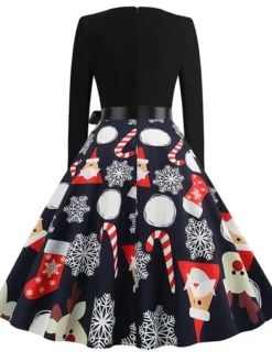 Women's Christmas Swing DressKnee Length Dress Black And White White Light Red Gold Red Long Sleeve Elk Snowman Bell Bow Print Fall Winter Round Neck Vintage Elegant 2022 S M L XL 2XL -HANs Plus Size Style Shop mbtaww1663049824489