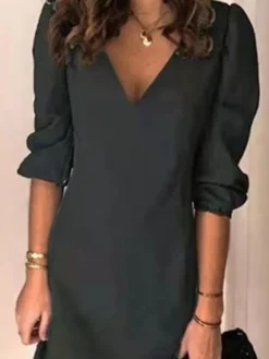 Women's Casual Dress Shift Dress Mini Dress Black Navy Blue Blue 3/4 Length Sleeve Pure Color Slim Summer Spring V Neck Basic Vacation Summer Dress Spring Dress 2023 S M L XL XXL 3XL -HANs Plus Size Style Shop mbvnwa1648103891013