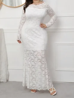 Women's Plus Size Curve Party Dress Lace Dress Sheath Dress Solid Color Long Dress Maxi Dress Long Sleeve Lace Crew Neck Fashion Wedding Black White Spring Fall XL XXL 3XL 4XL 5XL